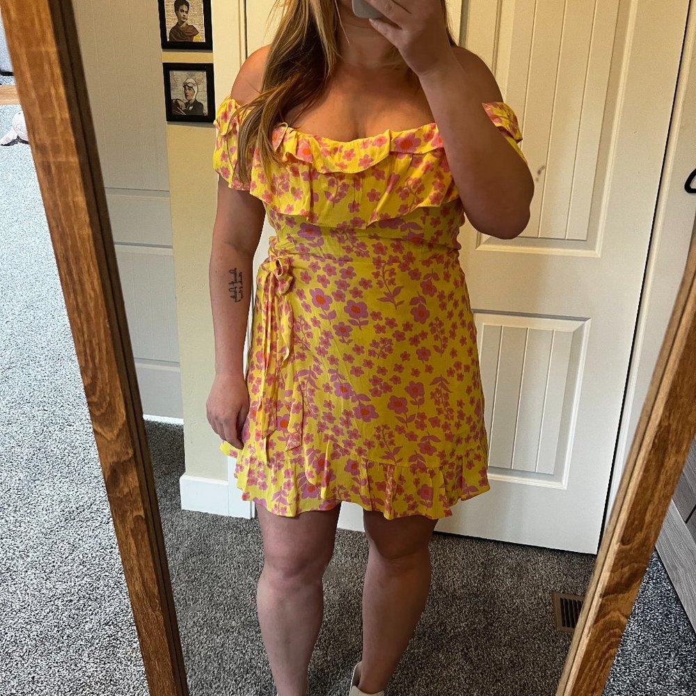 Off-Shoulder Yellow & Pink Floral Wrap Mini Dress